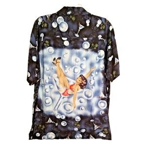Kennington Hawaiian Floral Martini Glass Bubbles Babe Shirt 100% Rayon Size L T4